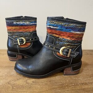 L'Artiste Spring Step Gaetana Black Leather Knit Ankle Boots Womens 38 / ~7.5-8